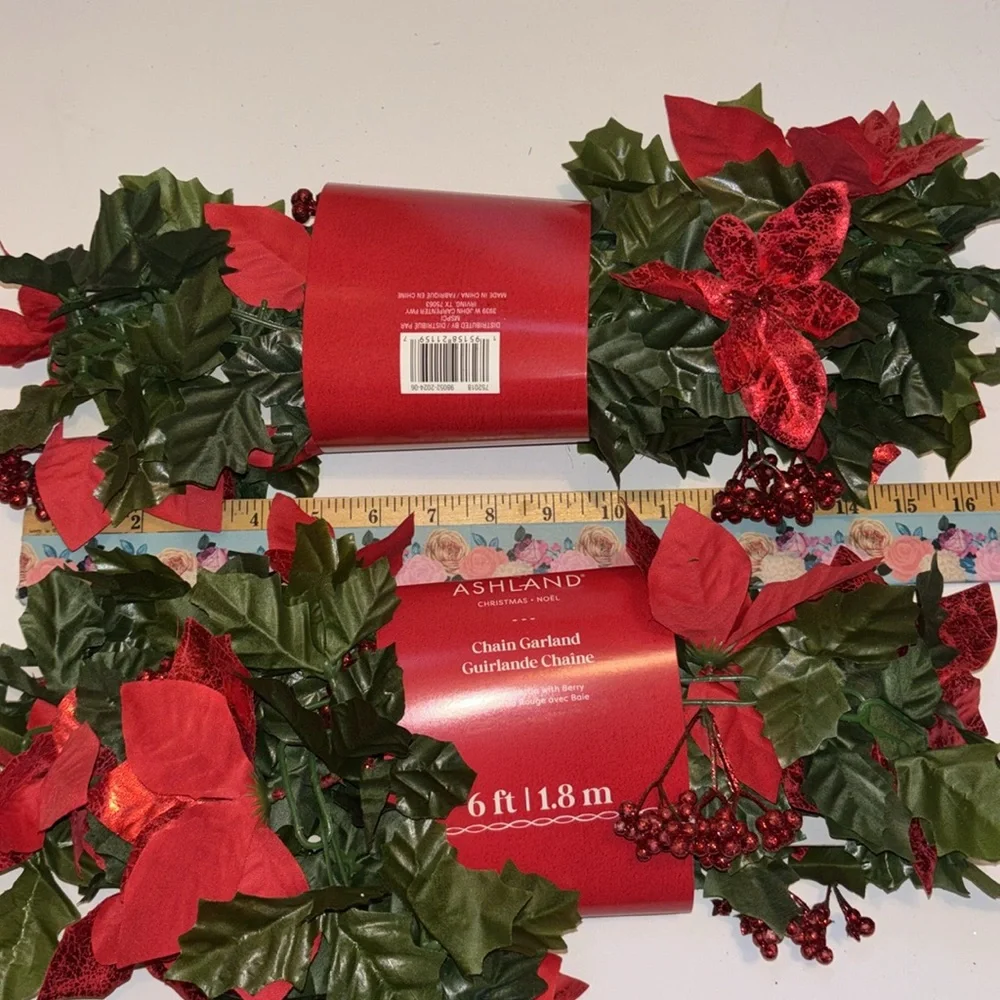 Red and Green Holiday Garland Poinsettia Garland red Berries SET OF 2